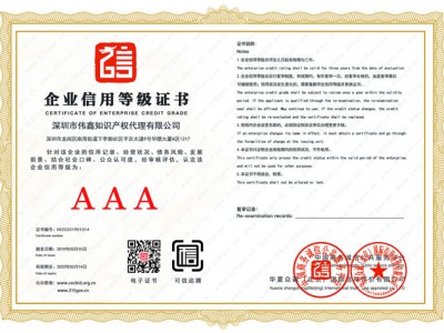 AAA信用等級認證證書