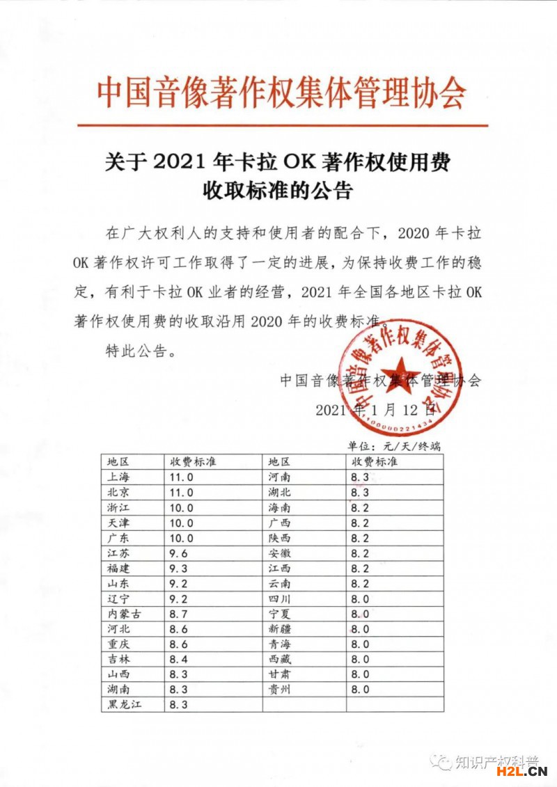 音集協:2021年卡拉OK著作權使用費收取標準的公告